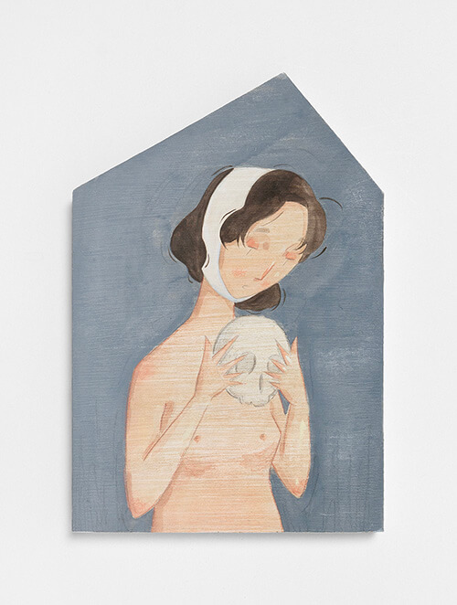 Mae Dessauvage, Portrait (Figure with skull), 2023, Gouache, acrylic, graphite, colored pencil on panel. 30 x 20 cm
