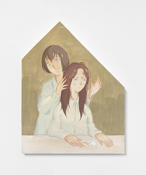 Mae Dessauvage, Two Figures with Lily, 2024, Gouache, acrylic, graphite, colored pencil on panel. 39 x 30.5 cm