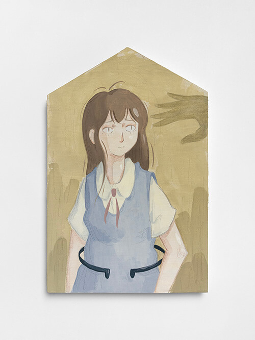 Mae Dessauvage, Doll I, 2024, Gouache, acrylic, graphite, colored pencil on panel. 30.5 x 20 cm