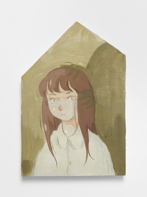 Mae Dessauvage, Haunted Figure IV, 2024, Gouache, acrylic, graphite, colored pencil on panel. 23.5 x 16 cm