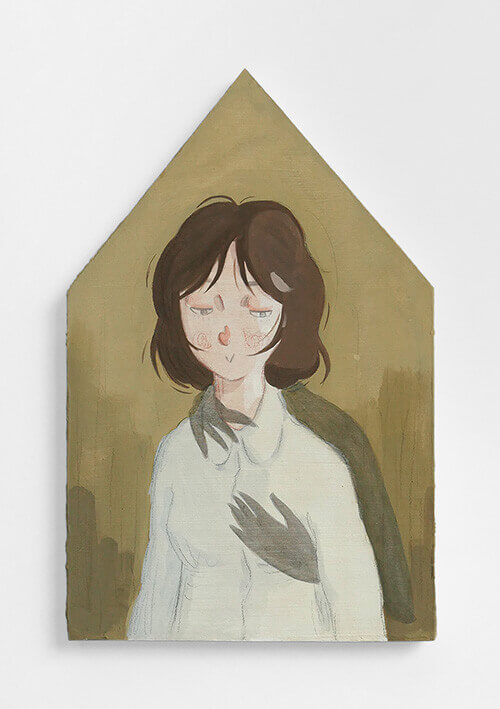 Mae Dessauvage, Haunted Figure II, 2024, Gouache, acrylic, graphite, colored pencil on panel. 28 x 17.5 cm