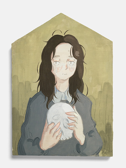 Mae Dessauvage, Figure with Skull, 2024, Gouache, acrylic, graphite, colored pencil on panel.