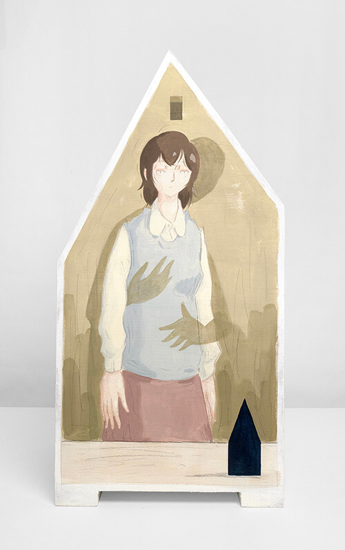 Mae Dessauvage, Shadow Play, 2024, Gouache, acrylic, graphite, colored pencil on panel. 55.5 x 28 x 28 cm