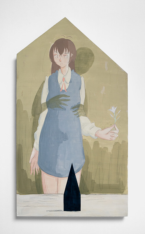 Mae Dessauvage, Composure, 2025, Gouache, acrylic, graphite, colored pencil on panel. 71.5 x 40 cm