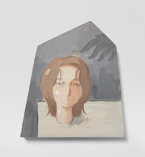 Mae Dessauvage, Haunted Doll Head I, 2025, Gouache, acrylic, graphite, colored pencil on panel. 19.5 x 17.5 cm