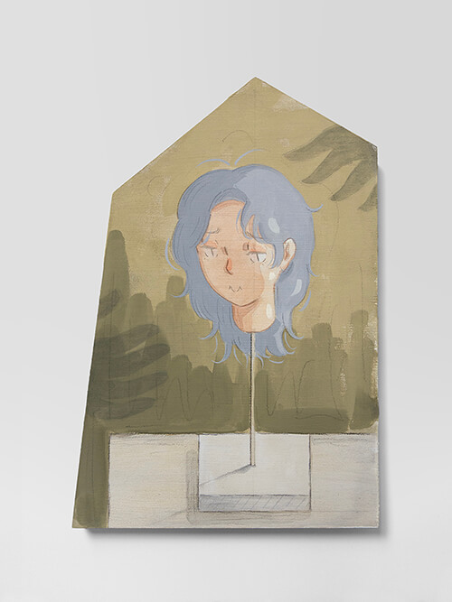 Mae Dessauvage, Haunted Doll Head II, 2025, Gouache, acrylic, graphite, colored pencil on panel. 29.5 x 20 cm