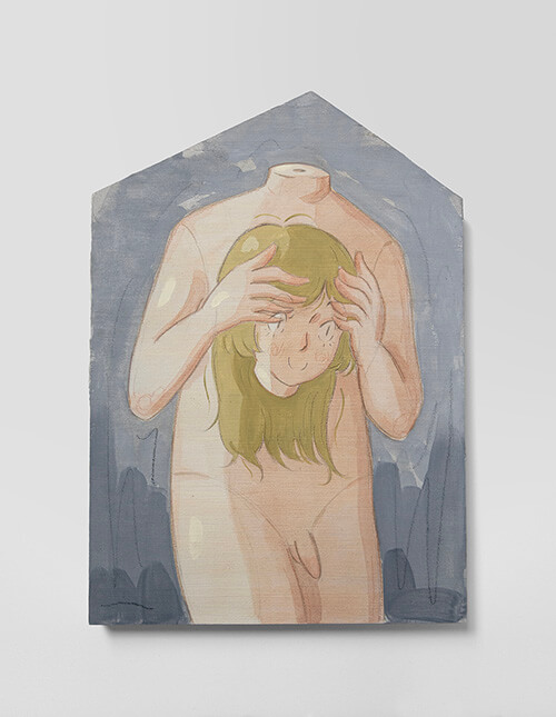 Mae Dessauvage, Doll with Head, 2025, Gouache, acrylic, graphite, colored pencil on panel. 29 x 20 cm