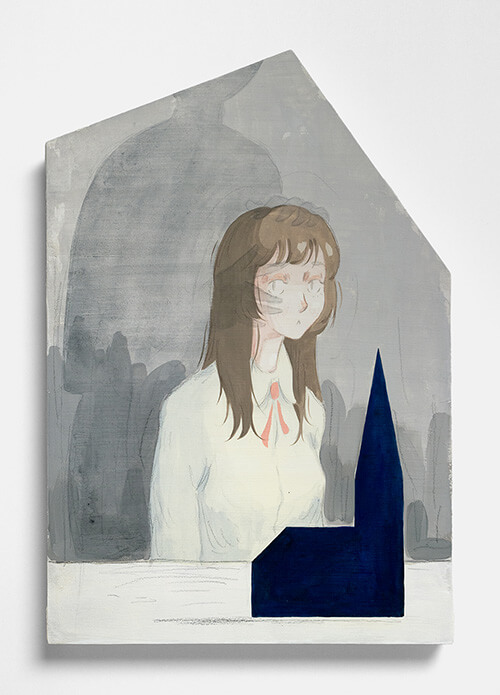 Mae Dessauvage, Intimidation, 2025, Gouache, acrylic, graphite, colored pencil on panel. 44 x 30 cm