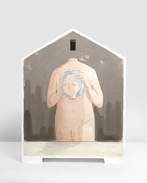 Mae Dessauvage, Reconfiguration, 2025, Gouache, acrylic, graphite, colored pencil on panel. 46 x 36 x 14 cm