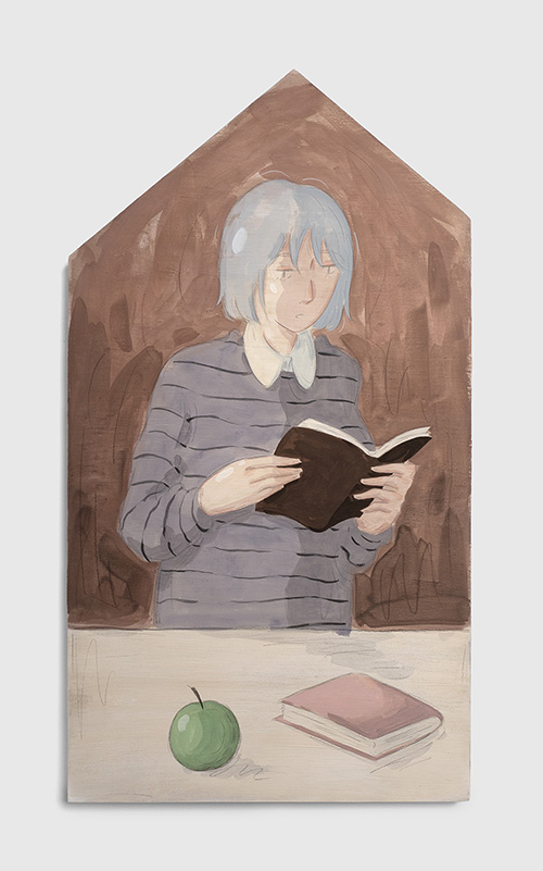 Mae Dessauvage, Choice II, 2026, Gouache, acrylic, graphite, colored pencil on panel. 82.5 x 46 cm