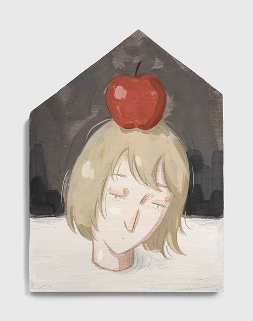 Mae Dessauvage, Head with Apple, 2026, Gouache, acrylic, graphite, colored pencil on panel. 28.5 x 21 cm