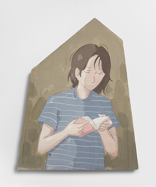 Mae Dessauvage, Figure with Book, 2026, Gouache, acrylic, graphite, colored pencil on panel. 30 x 24 cm