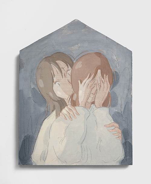 Mae Dessauvage, Intertwined II, 2026, Gouache, acrylic, graphite, colored pencil on panel. 24.5 x 19 cm